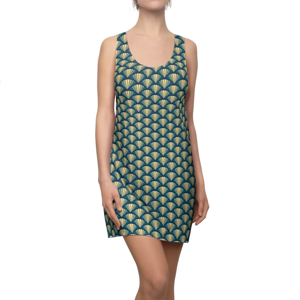 Blue-Green Bike Wheel Pattern, Women's Cut & Sew Racerback Dress